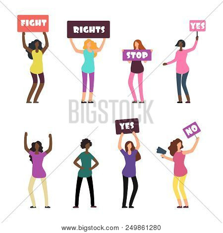 Cartoon International Women Protesters, Feminism, Womens Rights And Protest Set. Vector Illustration