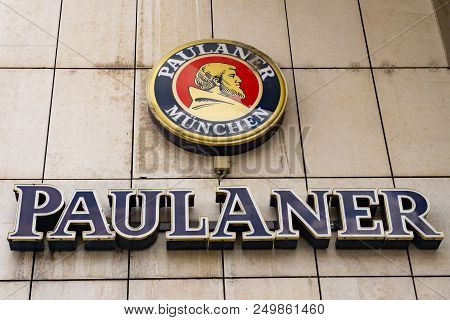 Wiesbaden, Germany - June 03 2018: Paulaner Beer Logo On A Facade.  Paulaner Bier Is One Of The Symb