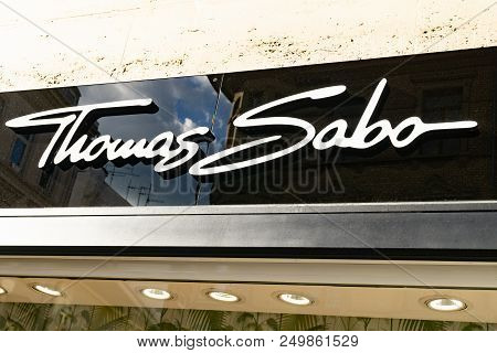 Wiesbaden, Germany - June 03 2018: Thomas Sabo  Logo On A Facade. Thomas Sabo Jewelry Store Label. B