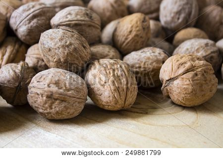 Nuts Pile Background. Organic Food Rustic Banner Template. Tasty Healthy Snack. Scattered Nut On Tab
