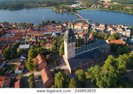 Strangnas, Sweden - July 16, 2018: Aerial View Of The Scandinavian Brick Gothic Strangnas Cathedral 