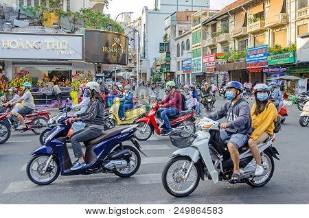 Ho Chi Minh City, Vietnam - 4 April, 2018: View Of The Typical Intersection Of Vietnamese Streets Wi