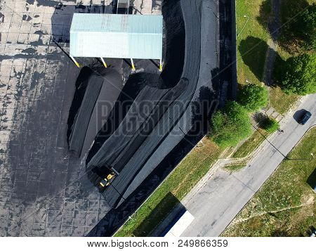 Coal Composition With Working Bulldozer In Energy Plant Area, Aerial View.