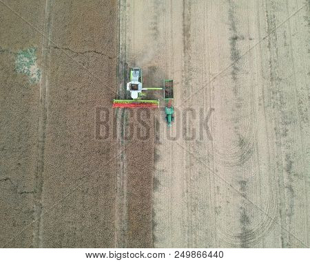 Combine Harvester Transferring Grain To Truck Trailer, Aerial View Of Harvest.