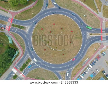 Roundabout Intersection In Five Directions With Island, Aerial View