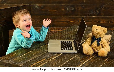 Technology Concept. Little Child Use Laptop Computer, Technology. Technology In Elementary School. T