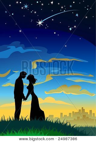 Senin dilek gelmek doğru. Çift siluetleri yıldızlı gökyüzü altında