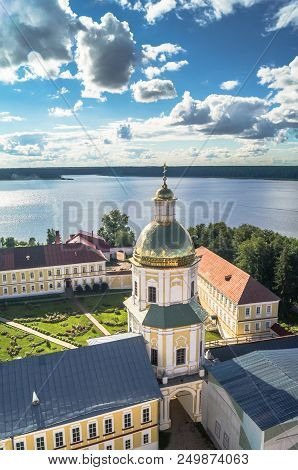 View From The Bell Tower Towards The Gate Church Of The St. Apostles Peter And Paul In The Nilov Mon