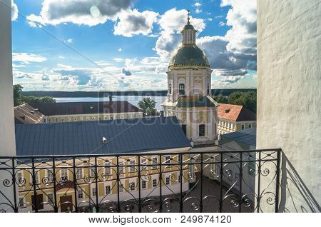 View From The Bell Tower Towards The Gate Church Of The St. Apostles Peter And Paul In The Nilov Mon