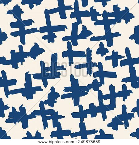 Cross Pattern. Indigo Geometric Seamless Texture. Hipster Fashion Design Print. Trendy Graphic Repea