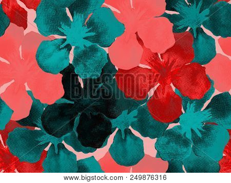 Hawaiian Watercolor Pattern. Indigo Blue Floral Tropical Seamless Print. Hibiscus And Oleander In Ha