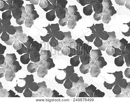 Hawaiian Watercolor Pattern. Black And White Floral Tropical Seamless Print. Hibiscus And Oleander I