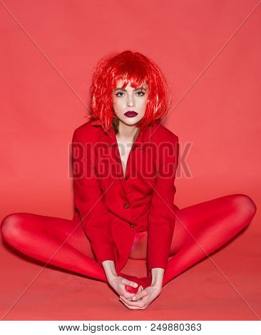 Fashion Model. Fashion Model In Red Clothes. Fashion Model With Glamour Look. Fashion Model Wear Fun
