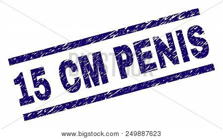15 Cm Penis Stamp Seal Watermark With Distress Style. Blue Vector Rubber Print Of 15 Cm Penis Text W
