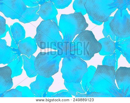 Hawaiian Watercolor Pattern. Indigo Blue Floral Tropical Seamless Print. Hibiscus And Oleander In Ha