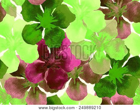 Hawaiian Watercolor Pattern. Green Turquoise Floral Tropical Seamless Print. Hibiscus And Oleander I