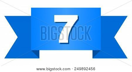 7 Text On A Ribbon. Designed With White Title And Blue Stripe. Vector Banner With 7 Tag.