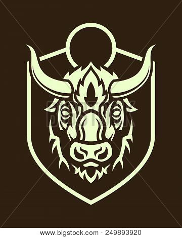Stylized Buffalo Head Emblem Outline Silhouette On Dark Background.