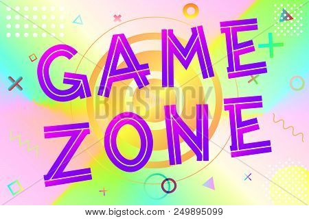 Game Zone Text, Colorful Lettering In Modern Gradient On Bright Geometric Pattern Background, Stock 