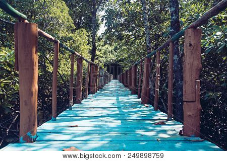 Old Lengthy Wooden Footbridge With Rails Over River Against. The Road In Tropical Jungles. The Bridg