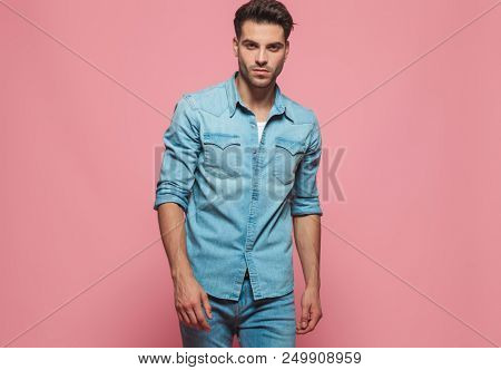 portrait of handsome man wearing denim shirt with rolled sleeves, standing on pink background