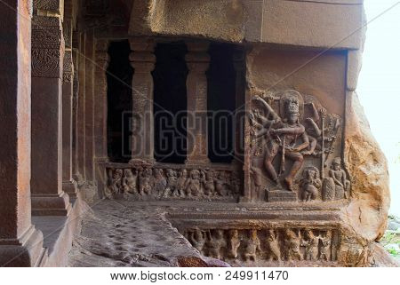 Cave 1: Dancing Shiva, Nataraja On The Right Side Wall Of The Facade, Badami Caves, Karnataka, India