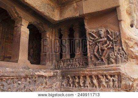Cave 1: Dancing Shiva, Nataraja On The Right Side Wall Of The Facade, Badami Caves, Karnataka, India
