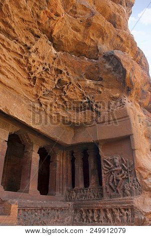 Cave 1: Dancing Shiva, Nataraja On The Right Side Wall Of The Facade, Badami Caves, Karnataka, India