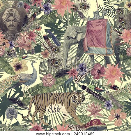 Seamless Watercolor Hand Drawn Pattern With Maharajah, Elephant, Peacock, Tiger, Feathers Flowers