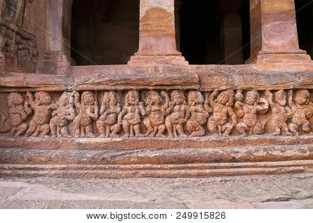 Cave 2 : Facade, Badami Caves, Karnataka, India, Depicting Carvings Of Dwarfish Ganas, With Bovine A