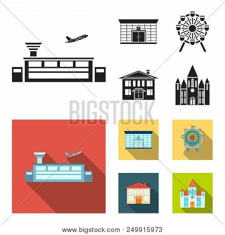 Airport, Bank, Residential Building, Ferris Wheel.building Set Collection Icons In Black, Flat Style