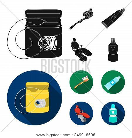 Dental Floss, Toothbrush, Toothpaste, Dental Chair. Dental Care Set Collection Icons In Black, Flat 