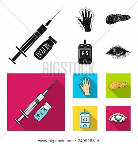 Syringe With Insulin, Pancreas, Glucometer, Hand Diabetic. Diabet Set Collection Icons In Black, Fla