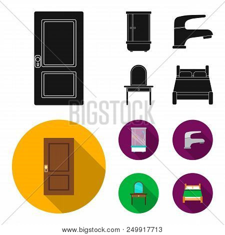 Door, Shower Cubicle, Mirror With Drawers, Faucet.furnitureset Collection Icons In Black, Flat Style