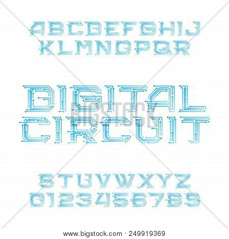 Digital Circuit Board Alphabet Font. Digital Hi-tech Style Letters And Numbers. Stock Vector Typefac