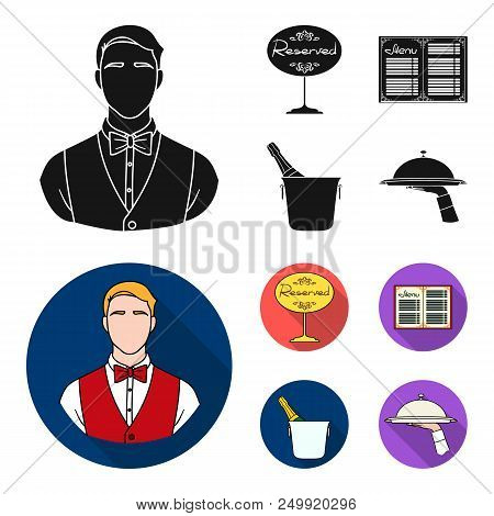 Waiter, Reserve Sign, Menu, Champagne In An Ice Bucket.restaurant Set Collection Icons In Black, Fla