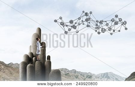 Young Female Doctor With Folder In Hands Satnding On Stone Column. 3d Rendering