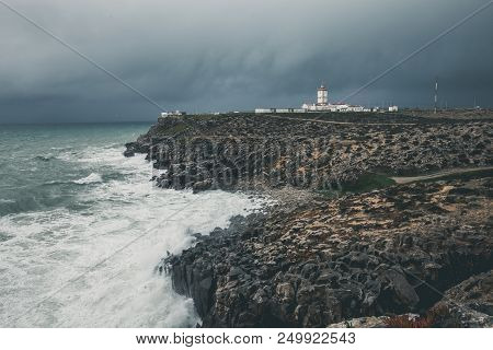 Lighthouse Of Carvoeiro Cape At Stormy Weather, Peniche, Portugal