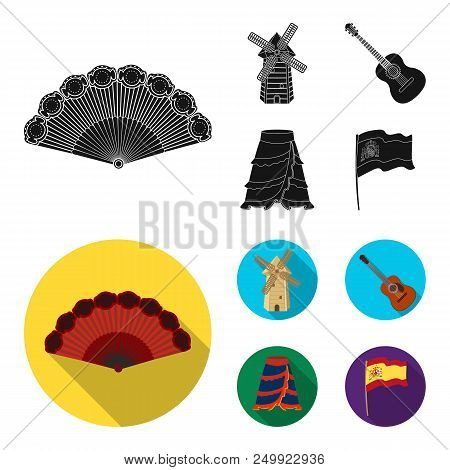 Fan Spanish, Mill, Guitar, Skirt For National Spanish Dances. Spain Country Set Collection Icons In 