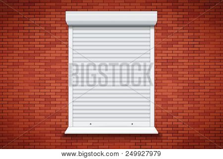 Closed Roller Shutters Window On Red Brick Wall. Protect System Equipment. White Color. Vector Illus