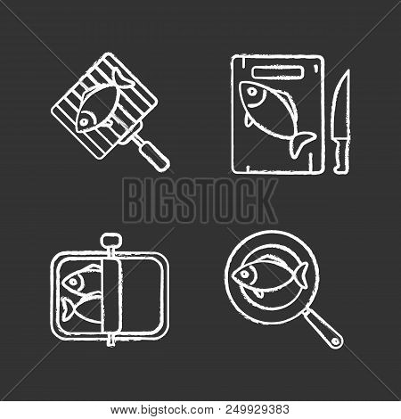 Fish Preparation Chalk Icons Set. Canned, Fried, Cutted And Grilled Fish. Isolated Vector Chalkboard