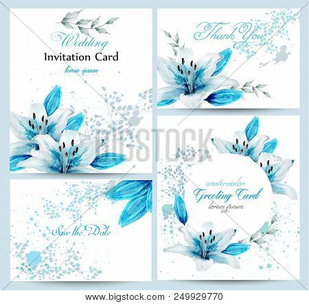 Blue Lily Watercolor Flower Blossom Card Set Vector. Vintage Greeting Poster, Wedding Invitation, Th