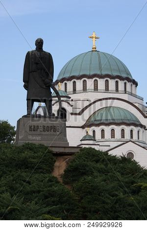 Belgrade,serbia: May 2, 2018 - Karadjordje Statue And Sv Sava Tample In Belgrade - Serbia