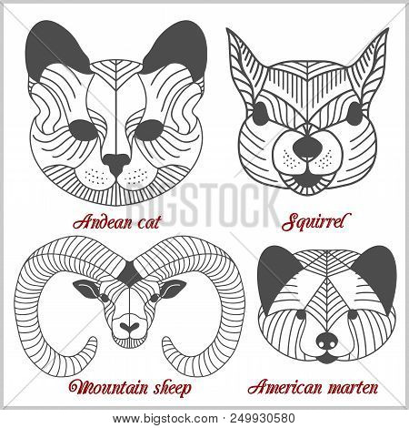 Set Of Polygonal Animals. Polygonal Logos. Geometric Set Of Mountain Sheep, Andean Cat, Squirrel, Am