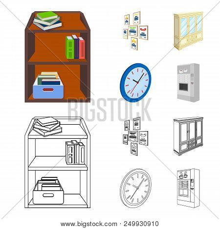 Cabinet, Shelving With Books And Documents, Frames On The Wall, Round Clocks. Office Interior Set Co