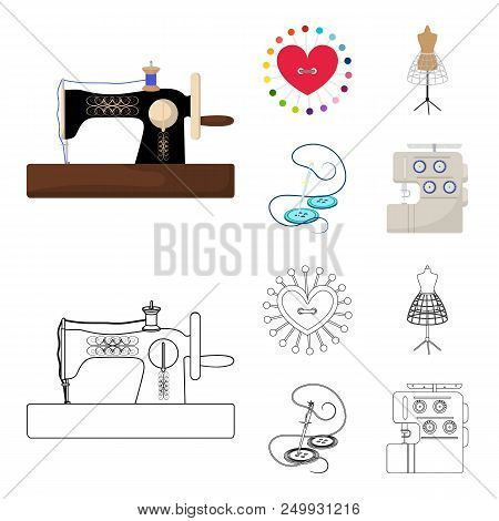Needle And Thread, Sewing Machine, Pincushion, Dummy For Clothing. Sewing And Equipment Set Collecti