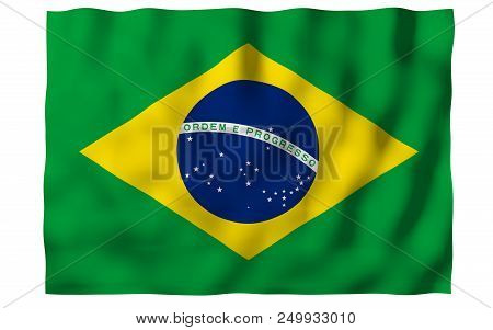 Waving Flag Of Brazil. Ordem E Progresso. Order And Progress. Rio De Janeiro. South America. State S