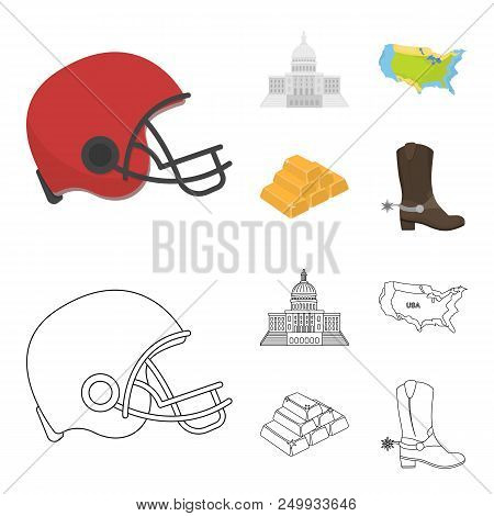 Football Player Helmet, Capitol, Territory Map, Gold And Foreign Exchange. Usa Country Set Collectio