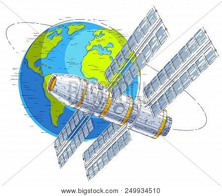 Space Station Orbiting Around Earth, Spaceflight, Spacecraft Spaceship Iss With Solar Panels, Artifi