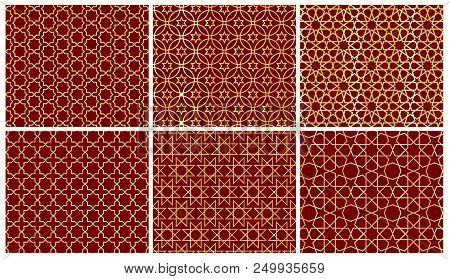 Set Of 6 Arabic Patterns Background. Geometric Seamless Muslim Ornament Backdrop. Vector Illustratio